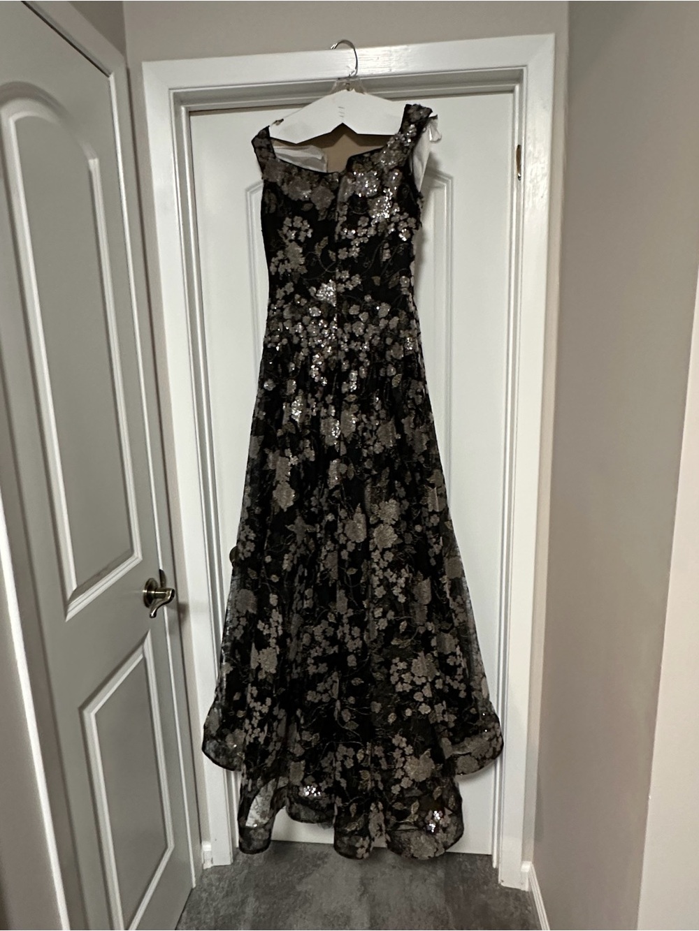 Jovani Black and Silver Sequin Floral Evening Gown